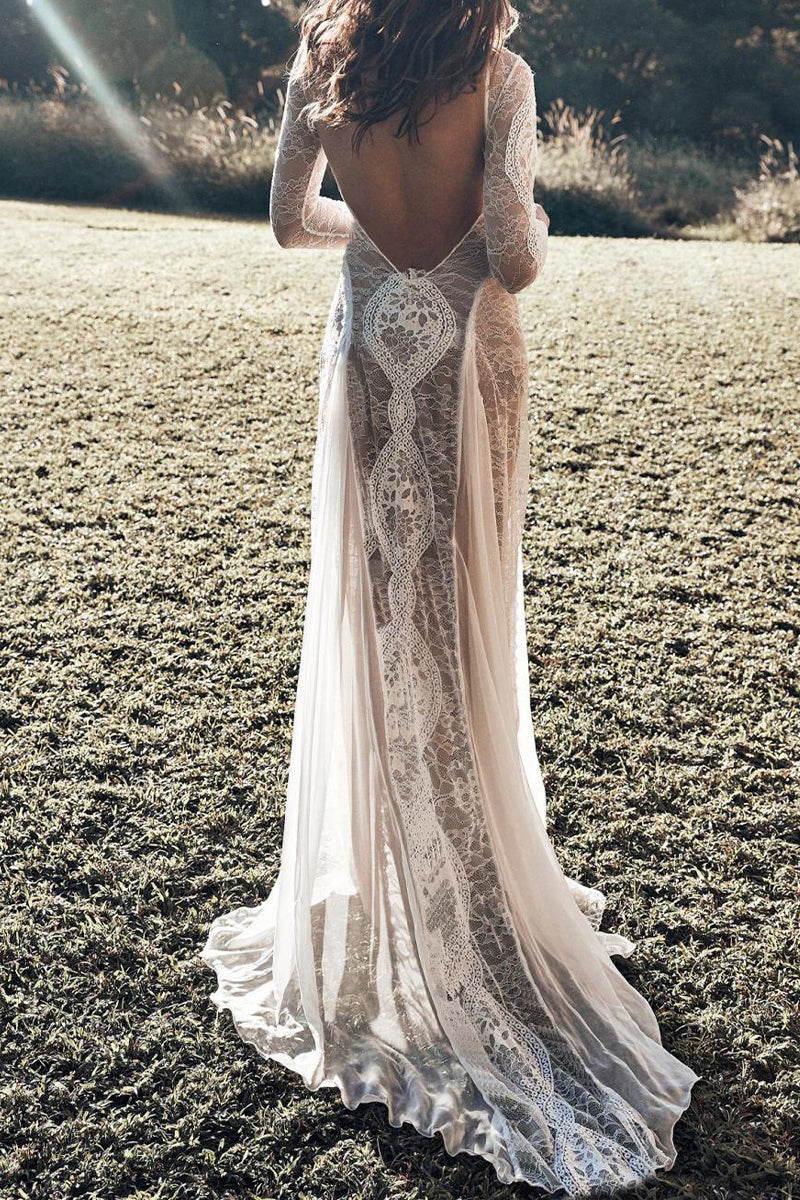Valenzora | Sweet Solid Lace Back Cutout O Neck Trailing Dresses