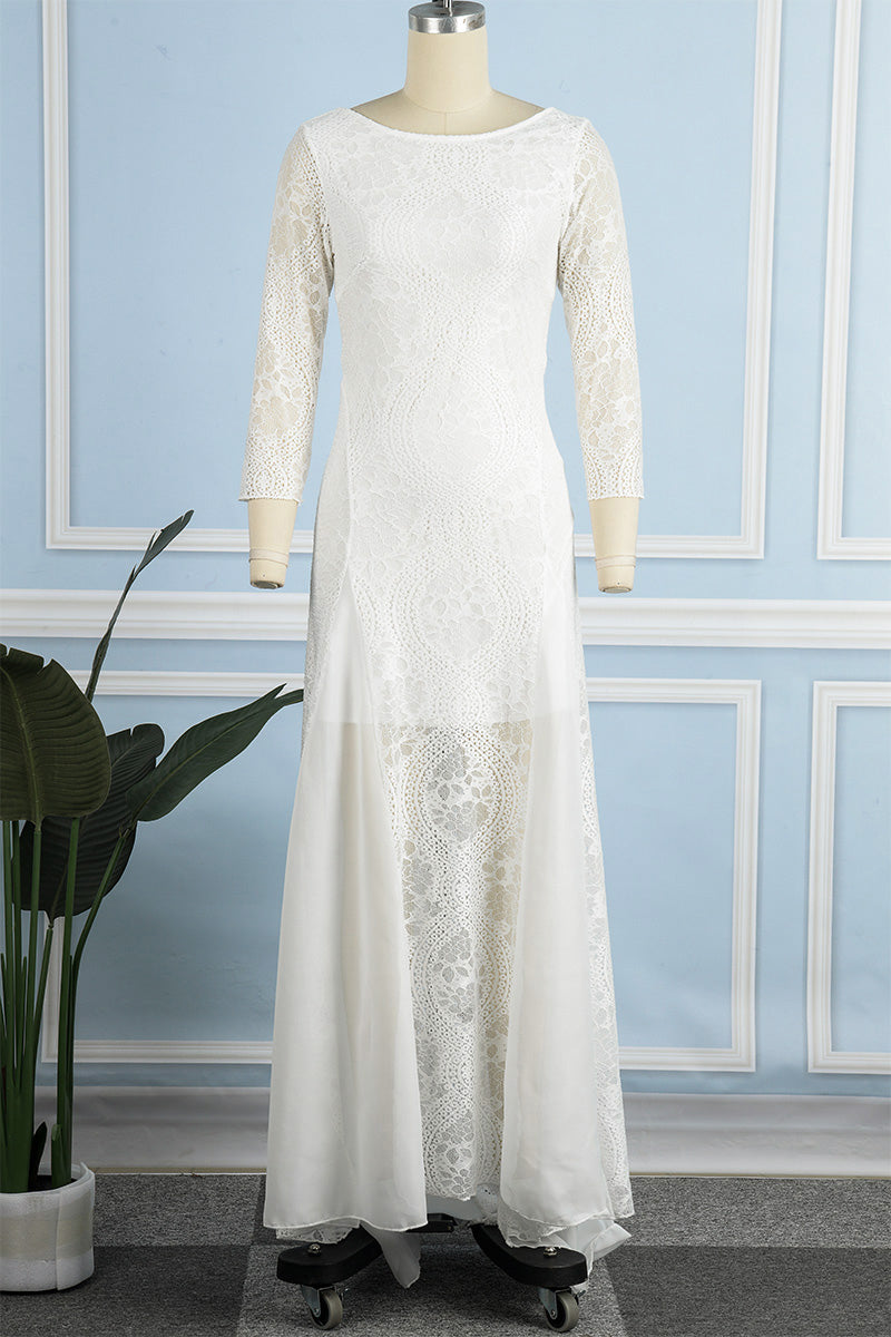 Valenzora | Sweet Solid Lace Back Cutout O Neck Trailing Dresses