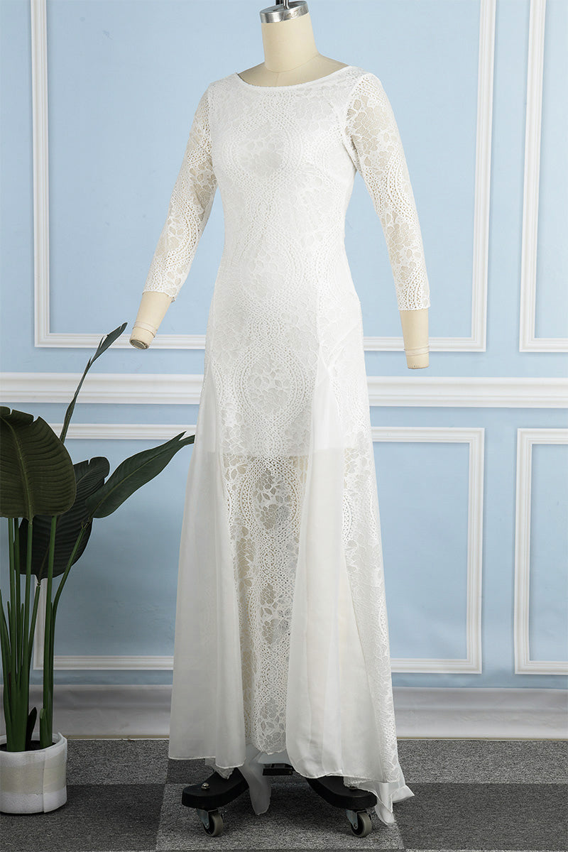 Valenzora | Sweet Solid Lace Back Cutout O Neck Trailing Dresses