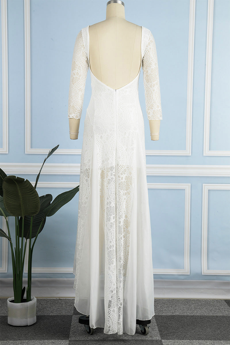 Valenzora | Sweet Solid Lace Back Cutout O Neck Trailing Dresses