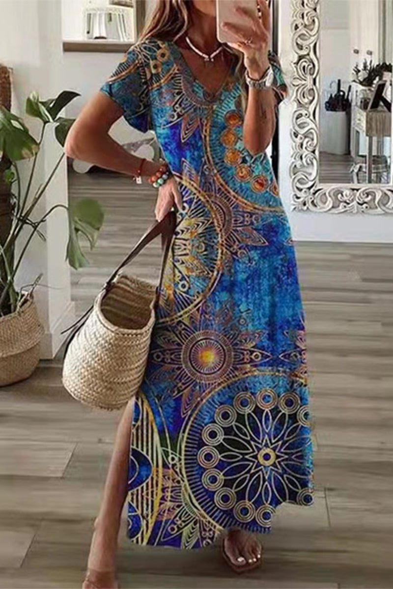 Valenzora | Casual Mixed Print Patchwork Overseas Printed Dress Short Sleeve Dress