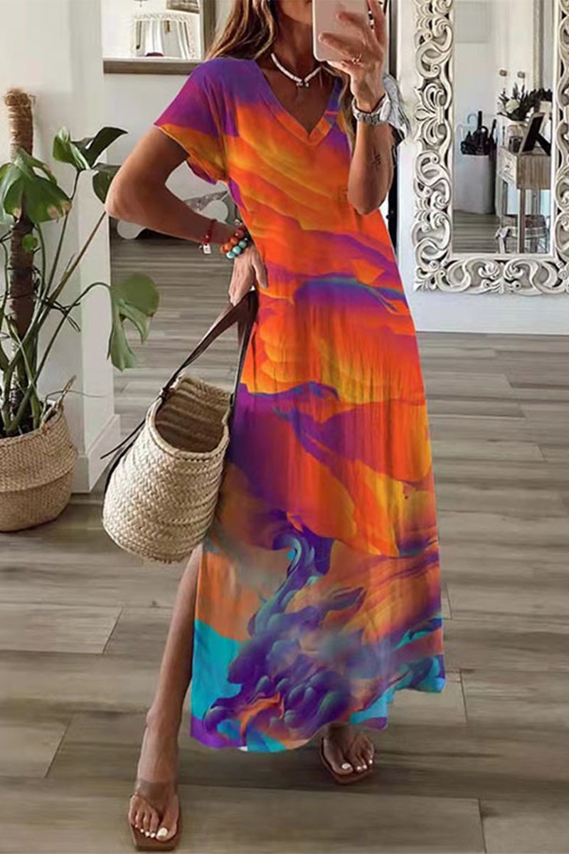 Valenzora | Casual Mixed Print Patchwork Overseas Printed Dress Short Sleeve Dress