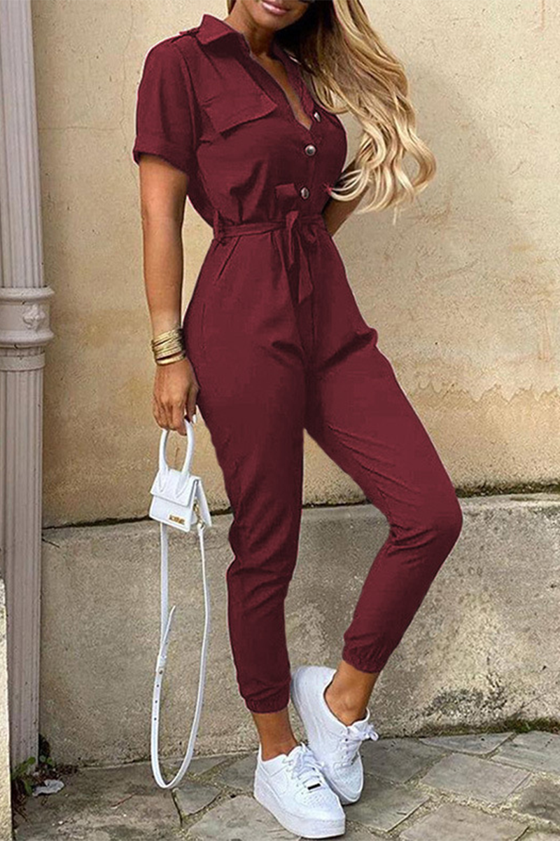 Valenzora | Casual Daily Solid Color Frenulum with Belt Turn-Down Collar Regular Jumpsuits