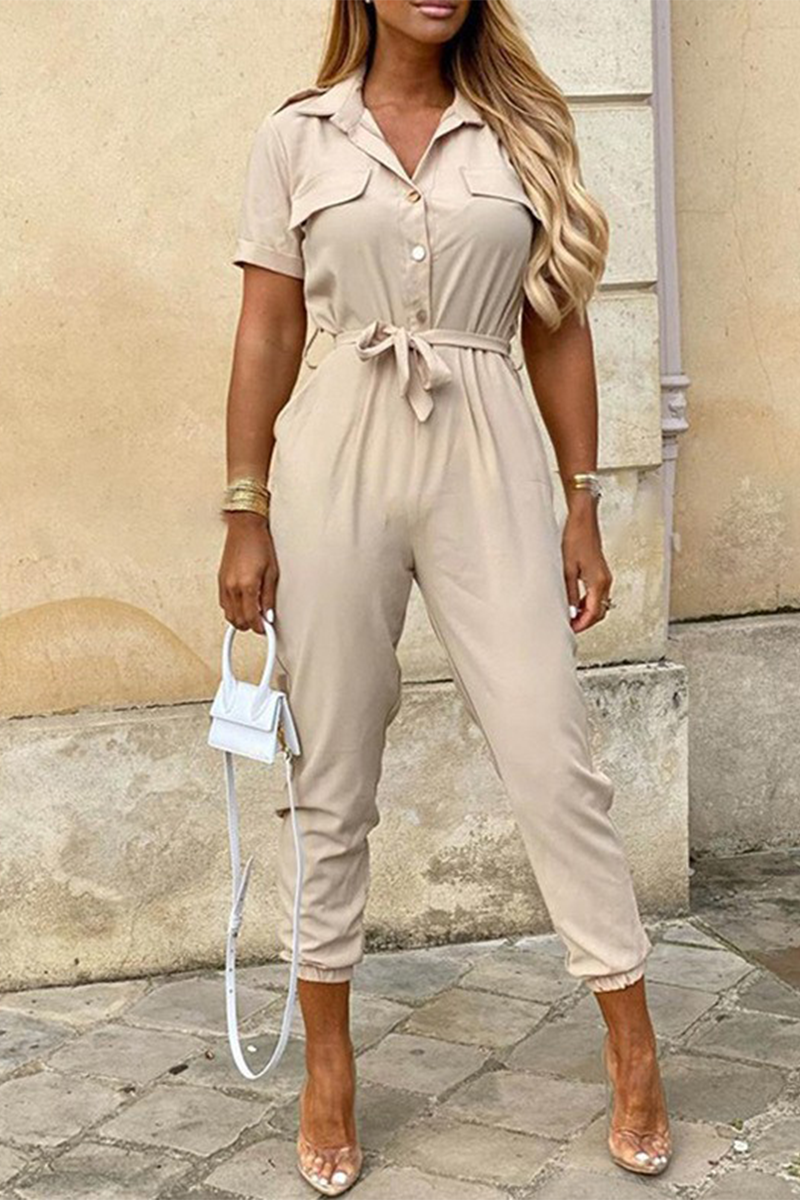 Valenzora | Casual Daily Solid Color Frenulum with Belt Turn-Down Collar Regular Jumpsuits