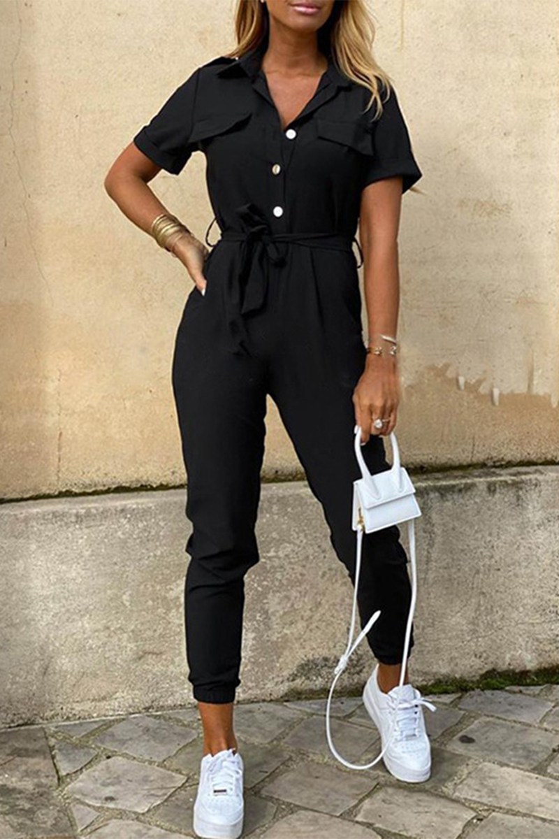 Valenzora | Casual Daily Solid Color Frenulum with Belt Turn-Down Collar Regular Jumpsuits