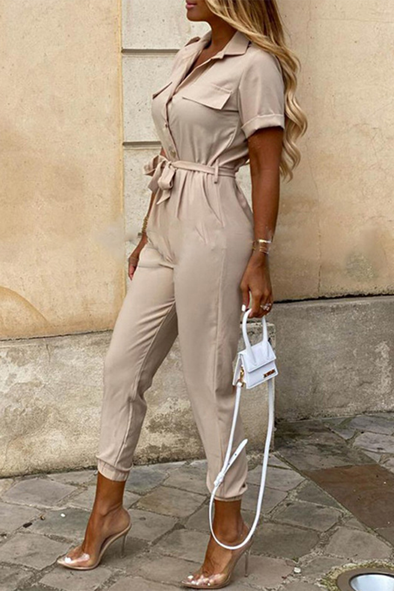 Valenzora | Casual Daily Solid Color Frenulum with Belt Turn-Down Collar Regular Jumpsuits