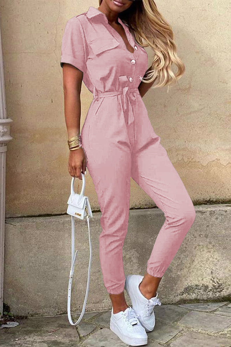 Valenzora | Casual Daily Solid Color Frenulum with Belt Turn-Down Collar Regular Jumpsuits