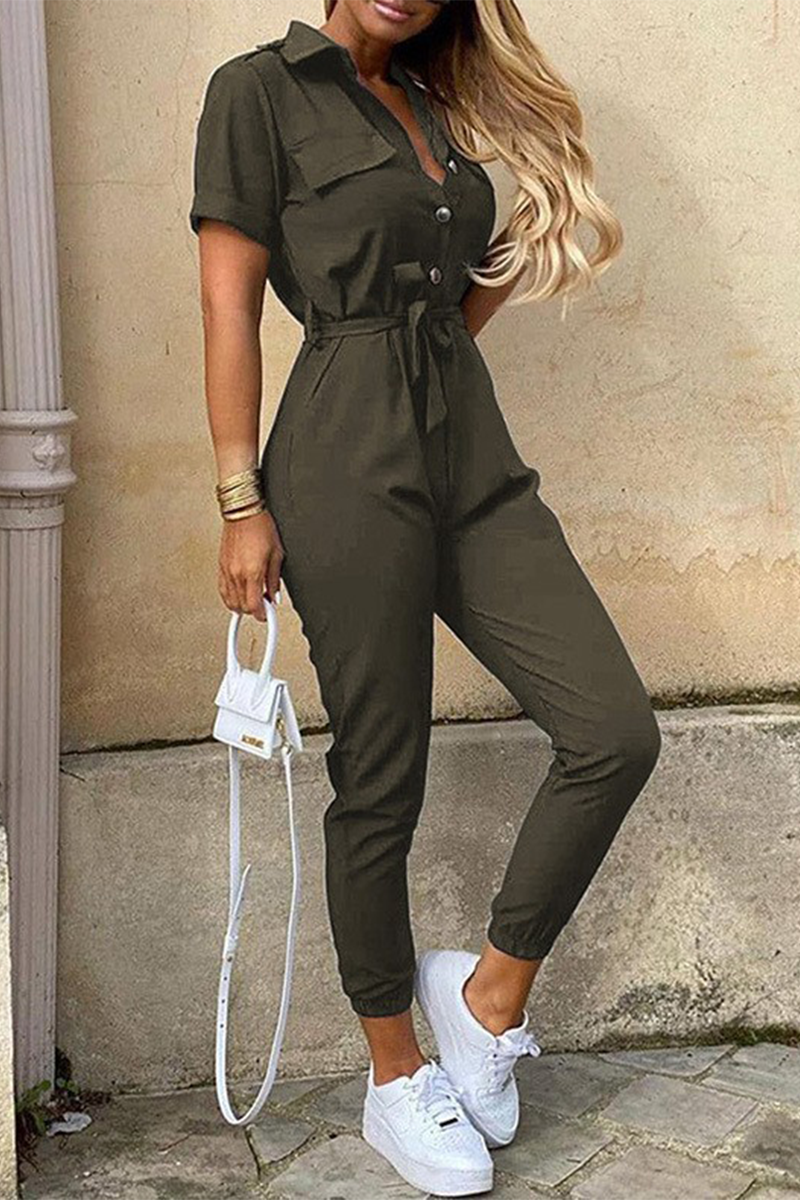 Valenzora | Casual Daily Solid Color Frenulum with Belt Turn-Down Collar Regular Jumpsuits
