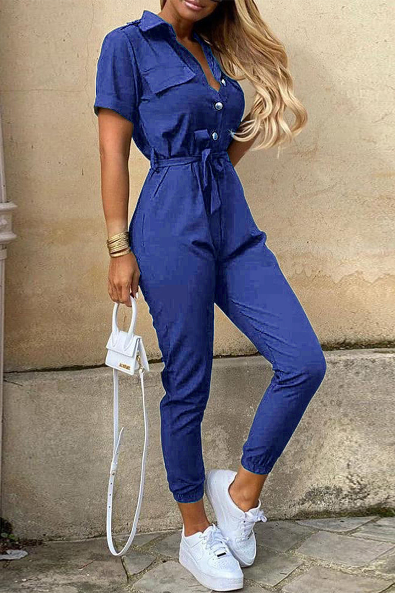Valenzora | Casual Daily Solid Color Frenulum with Belt Turn-Down Collar Regular Jumpsuits