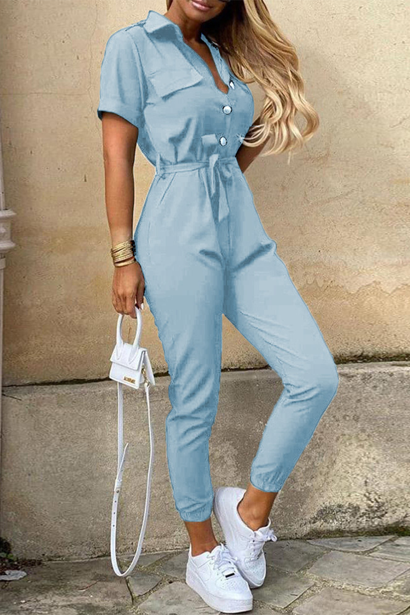 Valenzora | Casual Daily Solid Color Frenulum with Belt Turn-Down Collar Regular Jumpsuits