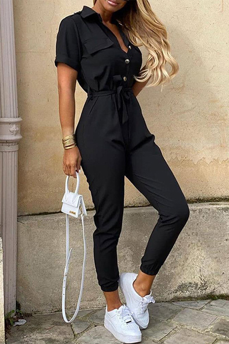 Valenzora | Casual Daily Solid Color Frenulum with Belt Turn-Down Collar Regular Jumpsuits