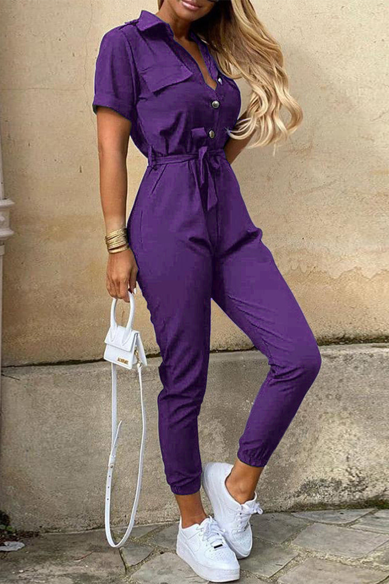 Valenzora | Casual Daily Solid Color Frenulum with Belt Turn-Down Collar Regular Jumpsuits