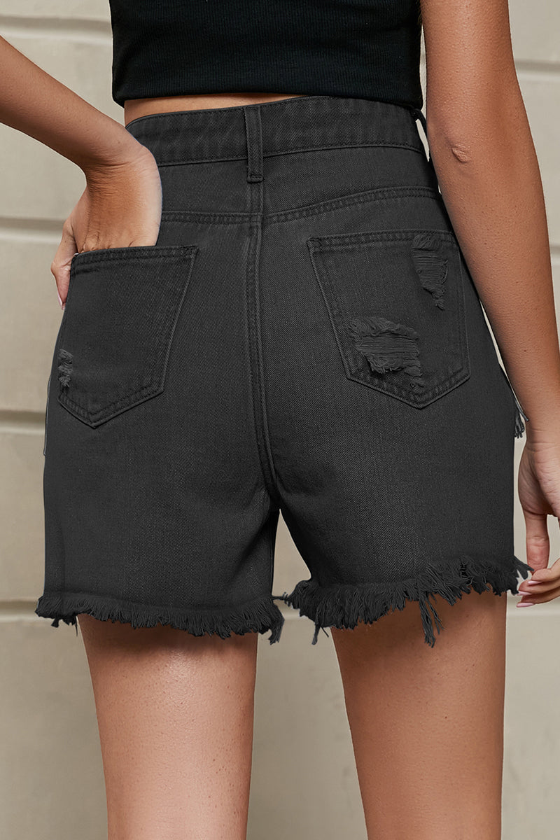 Valenzora | Relaxed Simplicity Solid Tassel Rivet Straight Denim Shorts