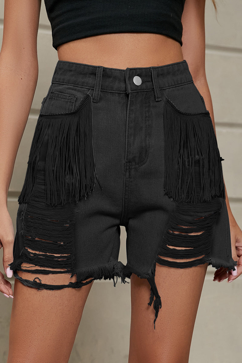 Valenzora | Relaxed Simplicity Solid Tassel Rivet Straight Denim Shorts