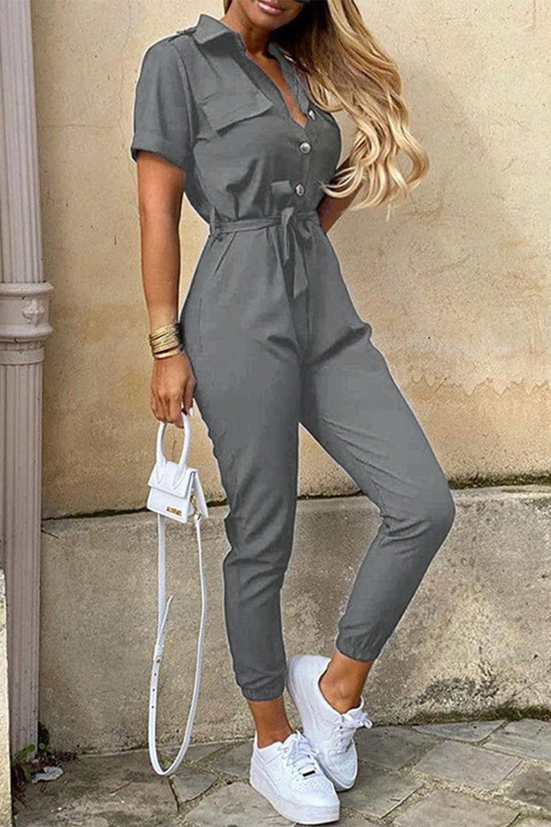 Valenzora | Casual Daily Solid Color Frenulum with Belt Turn-Down Collar Regular Jumpsuits