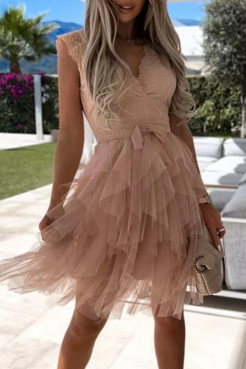 Valenzora | Sweet Elegant Firm Mesh V-Neck Irregular Dress Dresses