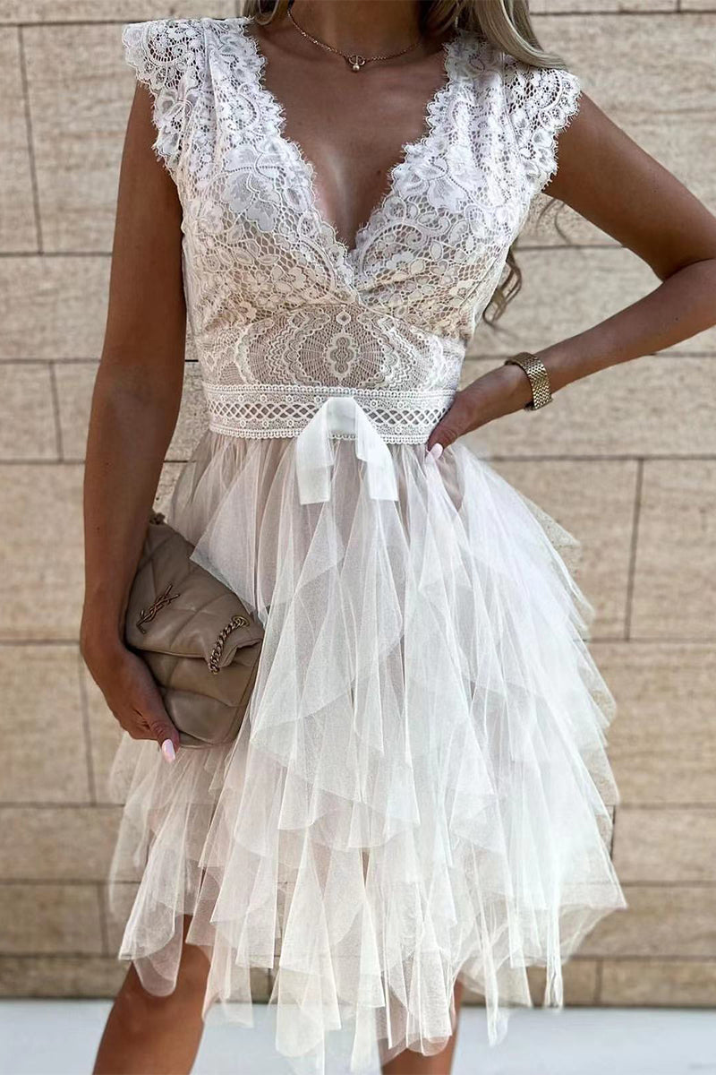 Valenzora | Sweet Elegant Firm Mesh V-Neck Irregular Dress Dresses