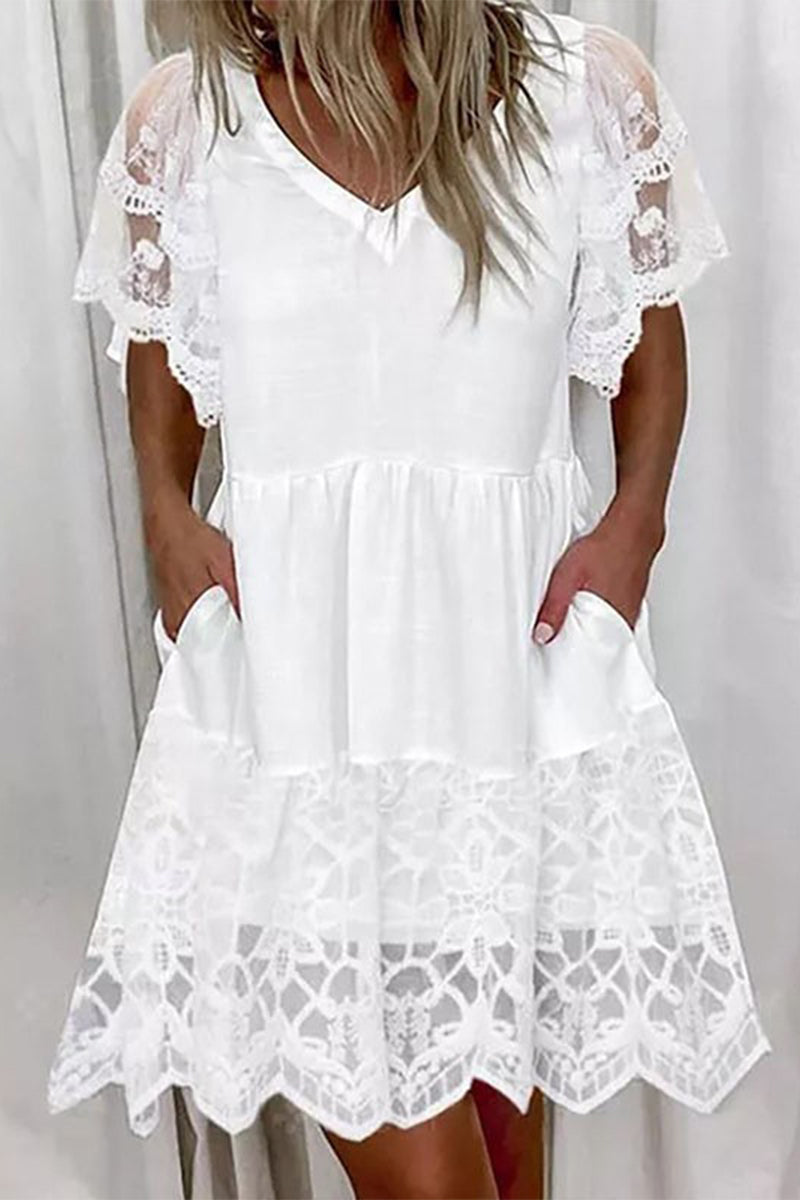 Valenzora | Sweet, Elegant, Solid, Lace, Pocket, A-Line, Short Sleeve Dress