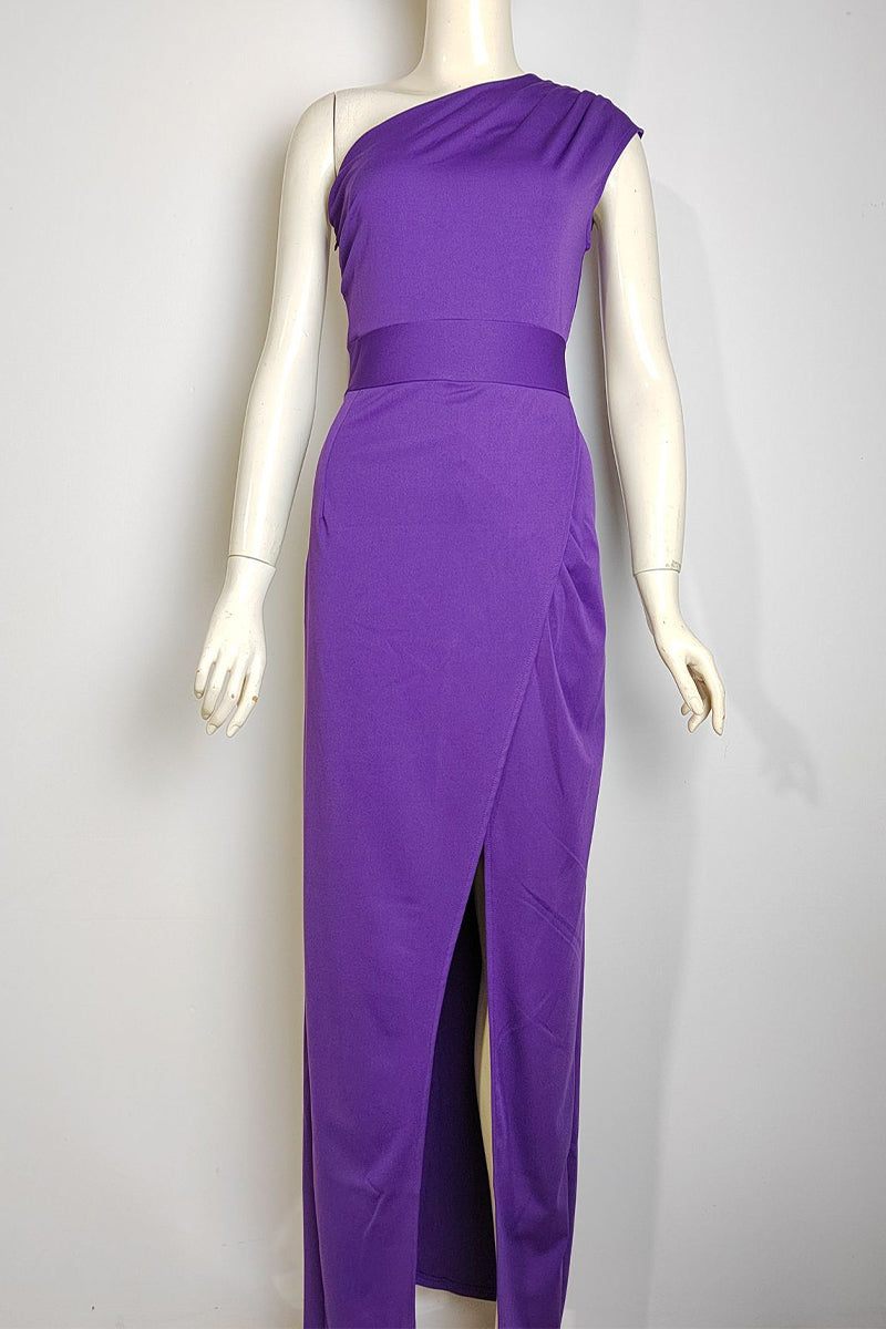 Valenzora | Elegant Formal Solid Color Slit Asymmetrical Slanted Collar Evening Dress Dresses - 8 Colors