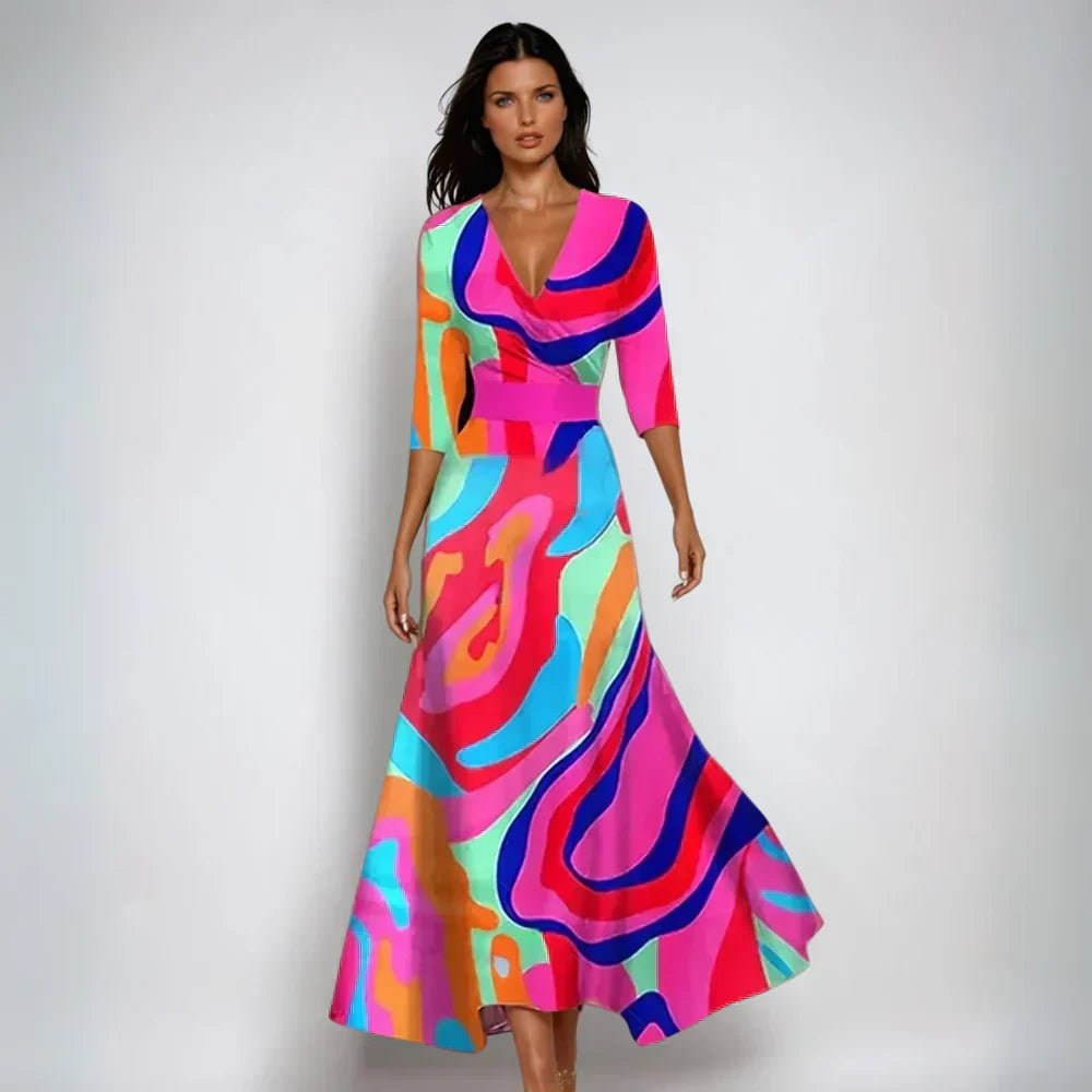 Valenzora | Maxikleid mit V-Ausschnitt und lebhaftem, abstraktem Print für Damen