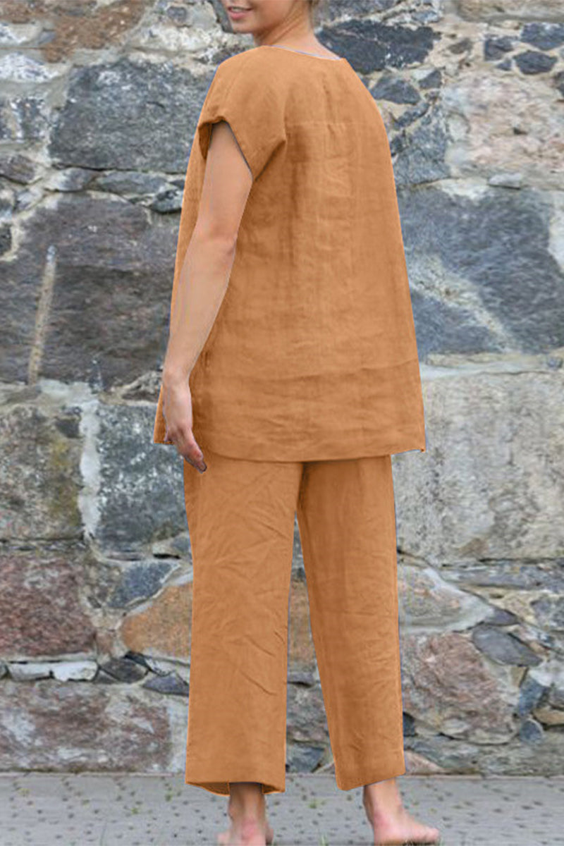 Valenzora | Casual Simplicity Solid Color Crew Neck Short Sleeve Two-Piece