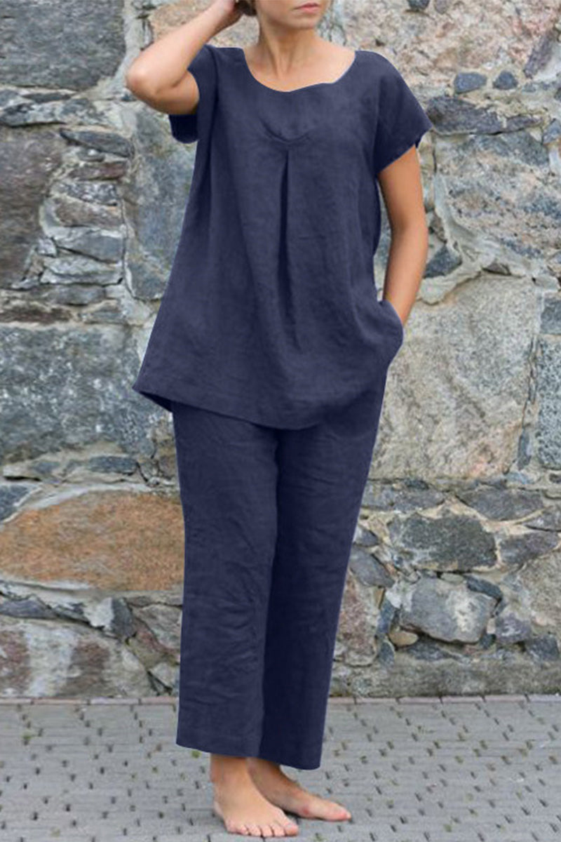 Valenzora | Casual Simplicity Solid Color Crew Neck Short Sleeve Two-Piece