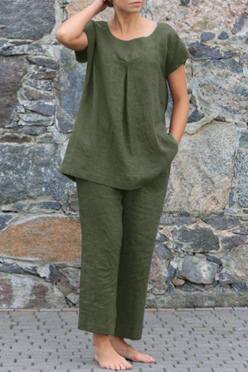Valenzora | Casual Simplicity Solid Color Crew Neck Short Sleeve Two-Piece