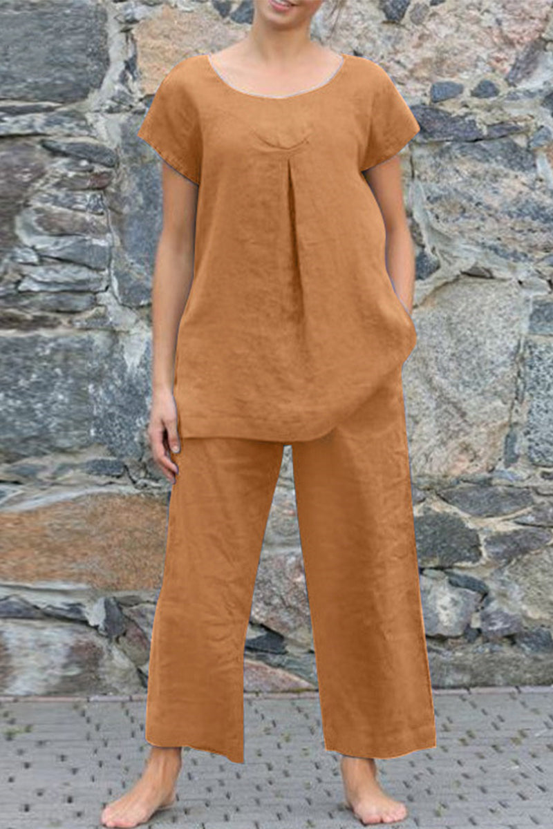 Valenzora | Casual Simplicity Solid Color Crew Neck Short Sleeve Two-Piece