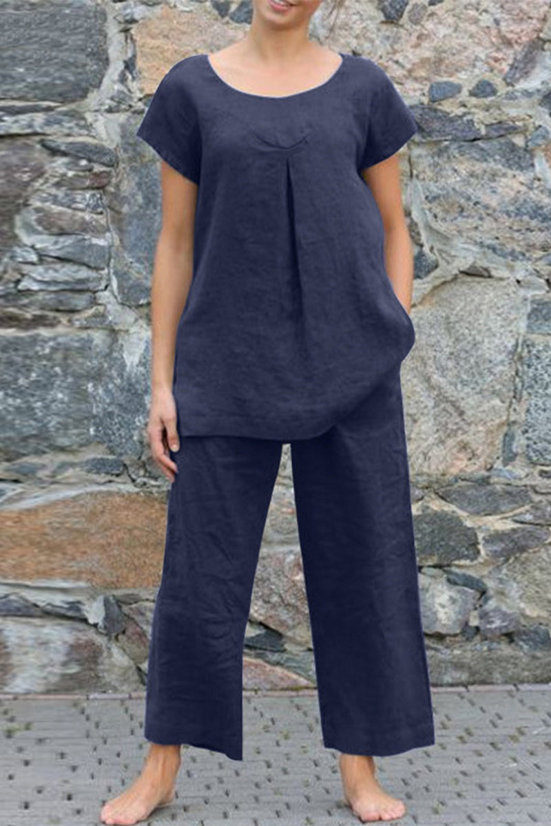 Valenzora | Casual Simplicity Solid Color Crew Neck Short Sleeve Two-Piece