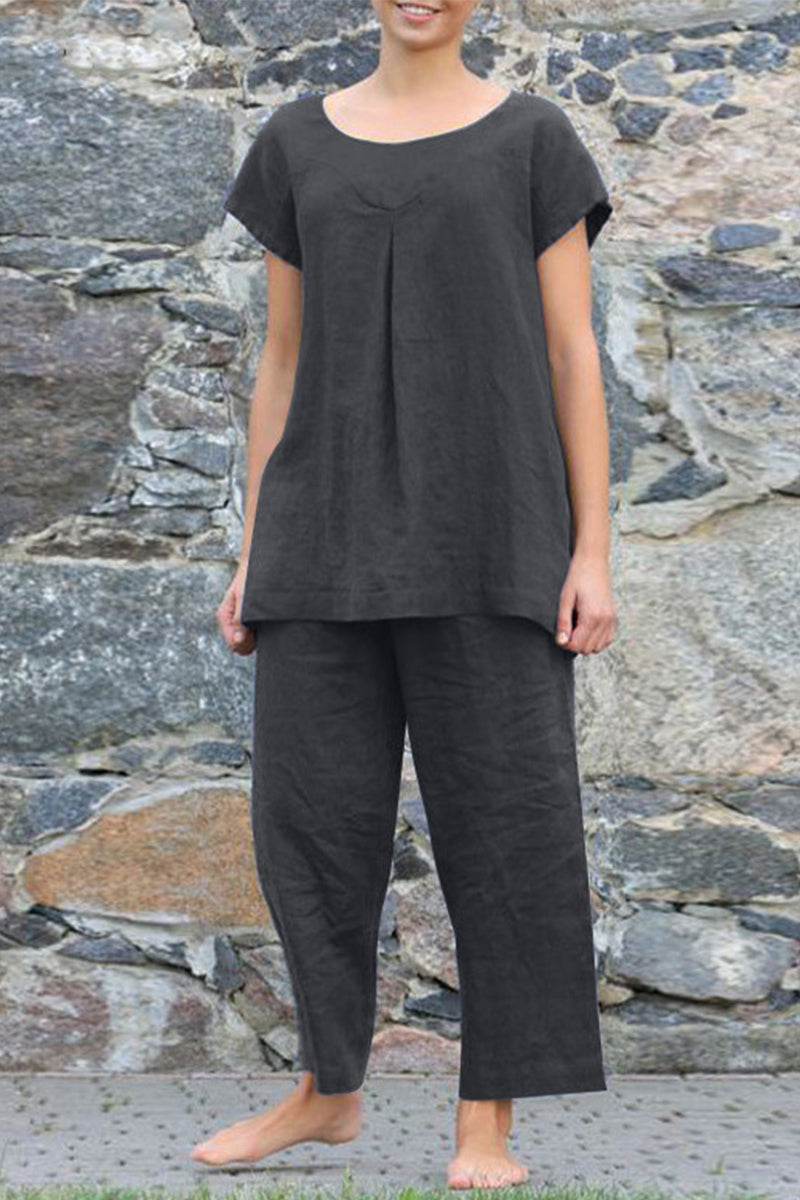 Valenzora | Casual Simplicity Solid Color Crew Neck Short Sleeve Two-Piece