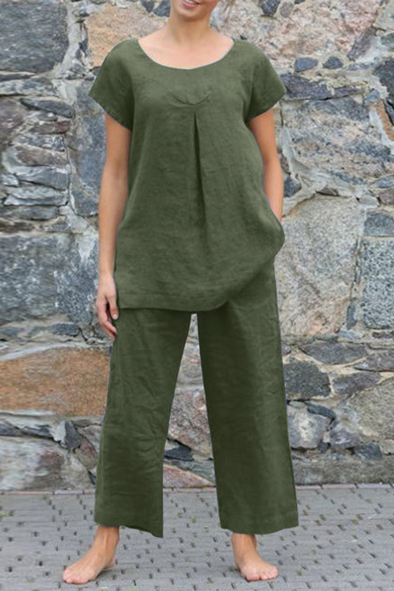Valenzora | Casual Simplicity Solid Color Crew Neck Short Sleeve Two-Piece