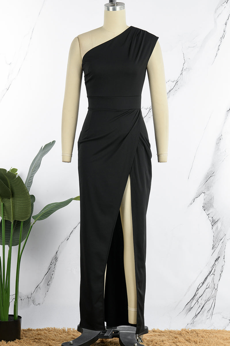 Valenzora | Elegant Formal Solid Color Slit Asymmetrical Slanted Collar Evening Dress Dresses - 8 Colors