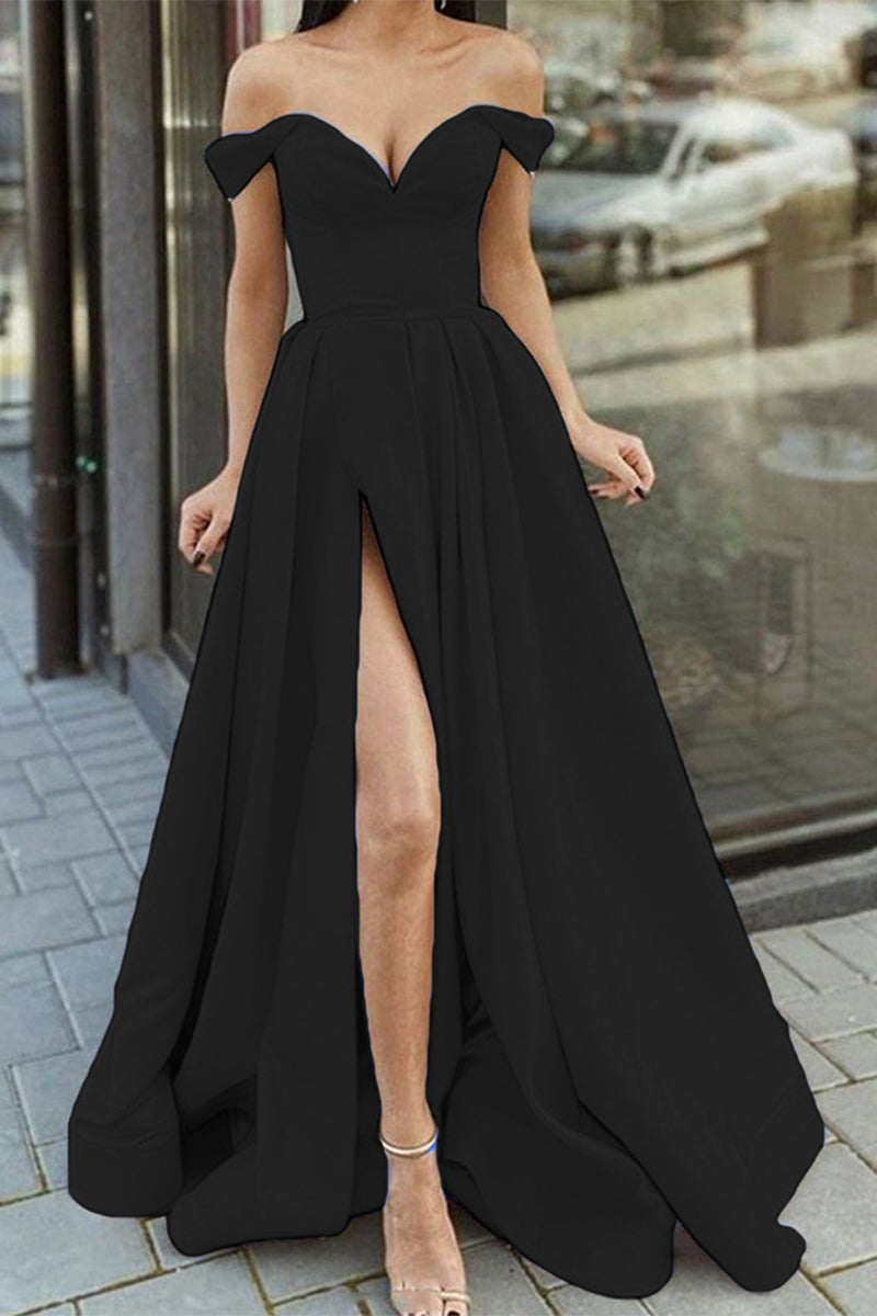 Valenzora | Elegant Formal Solid Color Slit V-Neck Evening Dress Dresses - 12 Colors