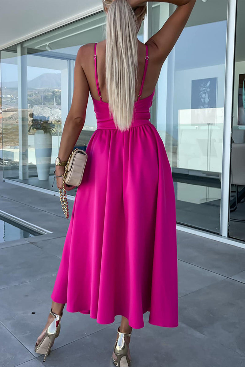Valenzora | Casual Sweet Solid Color Slit V-Neck Strappy Dress Dresses