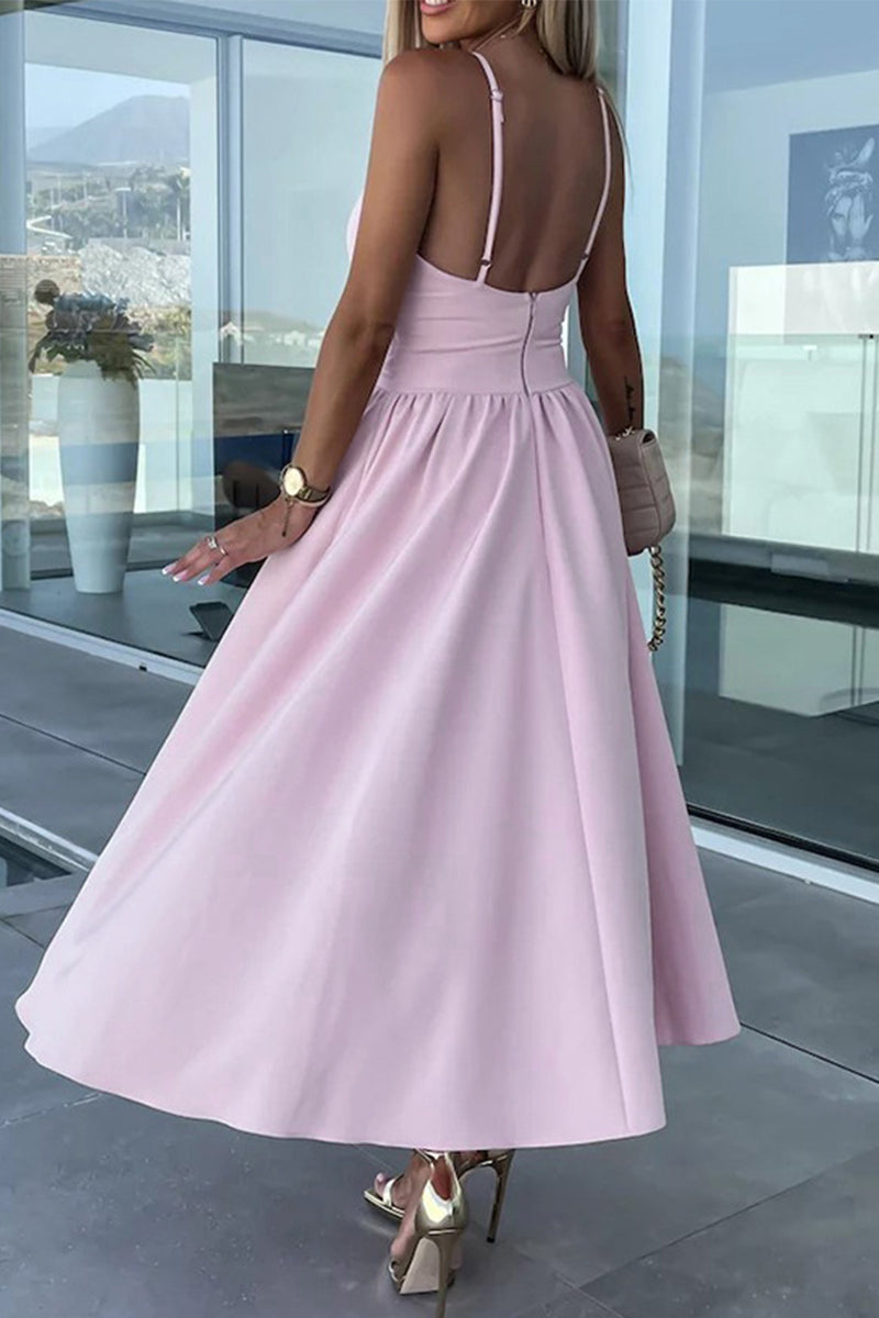 Valenzora | Casual Sweet Solid Color Slit V-Neck Strappy Dress Dresses