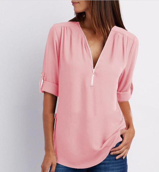 Valenzora Short-sleeved shirt with zipper and V-neck - Loose tops