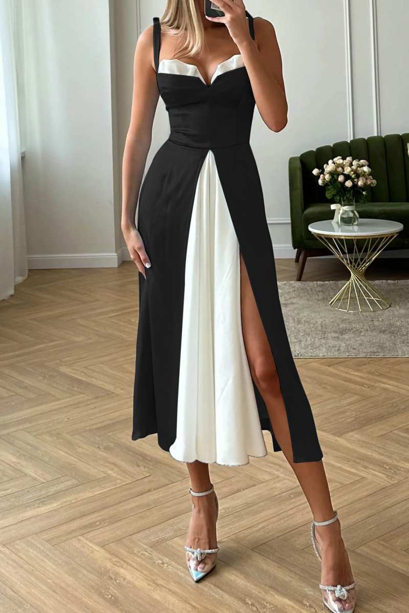 Valenzora | Sexy Casual Patchwork Backless Slit Contrast Spaghetti Strap Sleeveless Dress