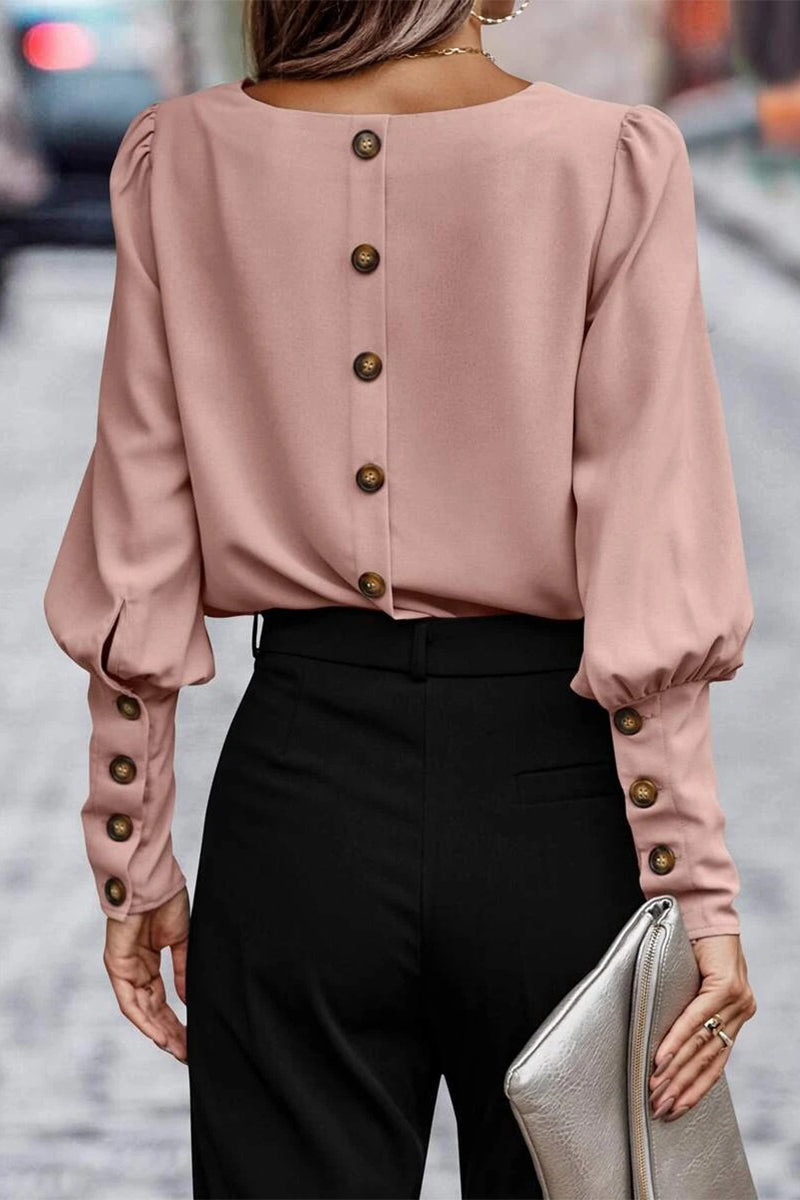 Pamela™ - Elegant solid button O-neck tops