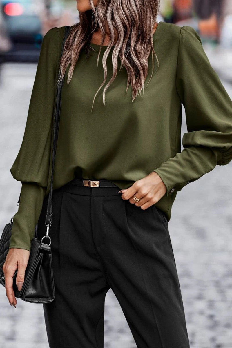 Pamela™ - Elegant solid button O-neck tops