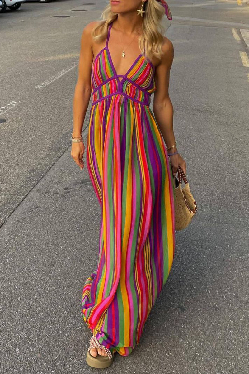 Valenzora | Sexy Holiday Striped Contrast V-Neck Dresses