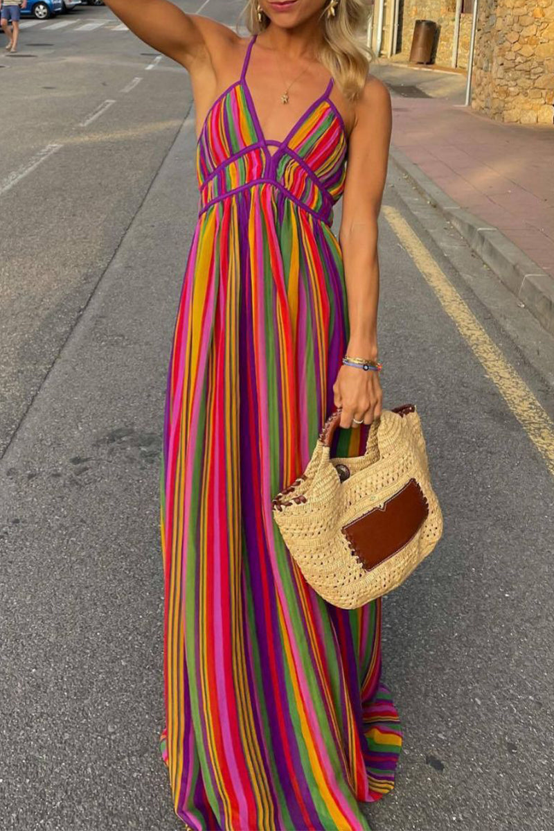 Valenzora | Sexy Holiday Striped Contrast V-Neck Dresses