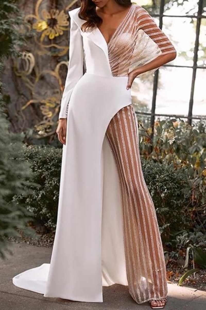 Valenzora | Sexy Patchwork Sheer Asymmetrical V-Neck Skinny Jumpsuits