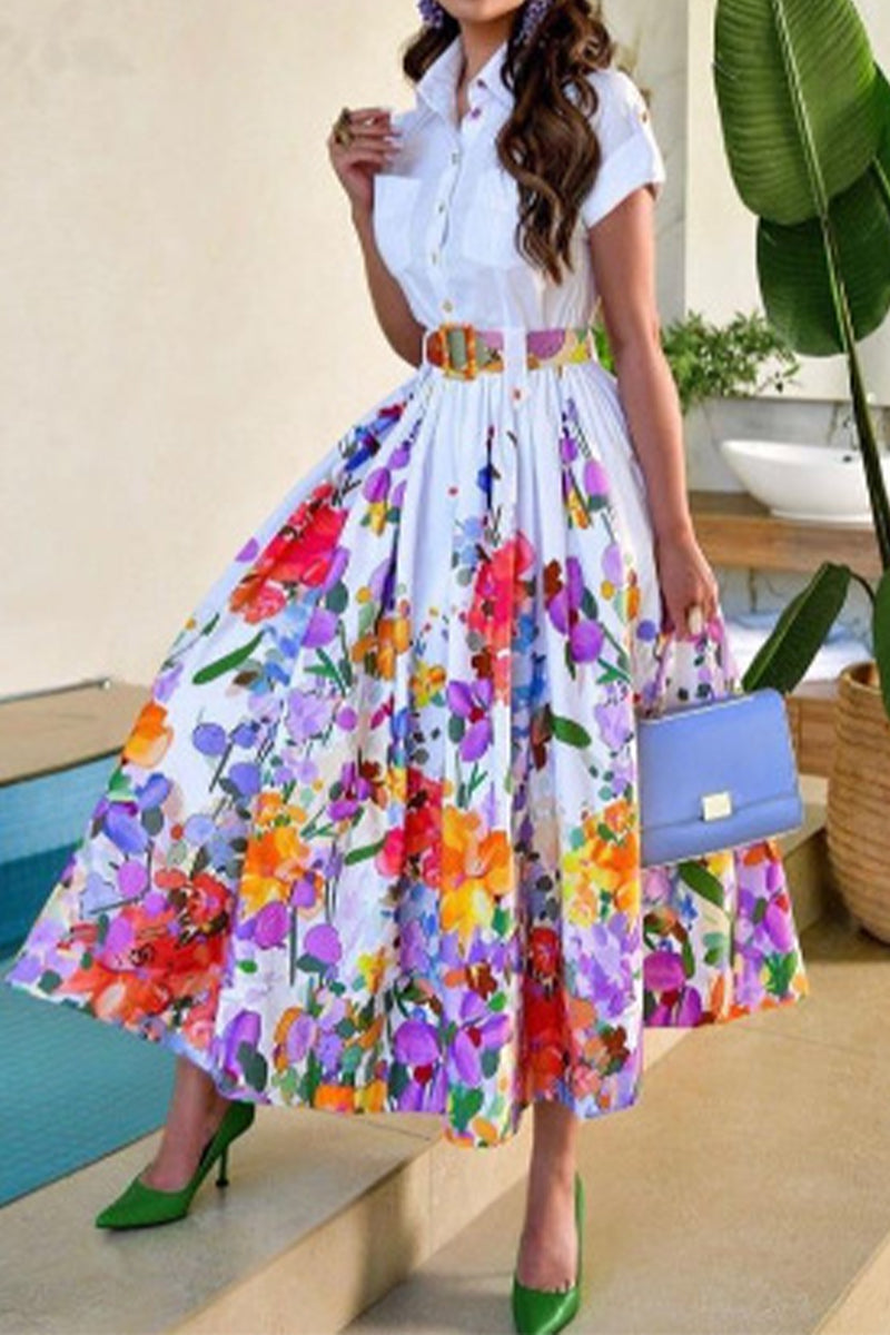 Valenzora | Elegantes Blumenkleid mit Gürtel, Umlegekragen, bedruckt, Kurzarmkleid