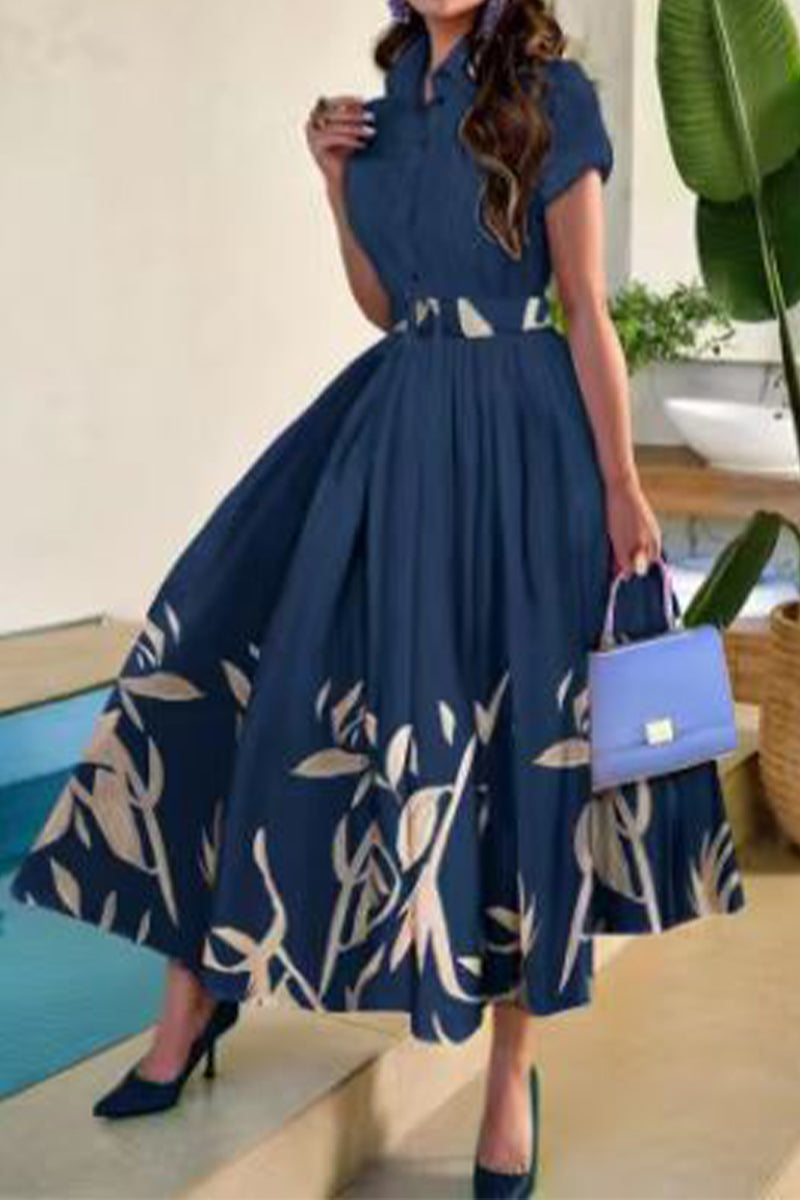 Valenzora | Elegantes Blumenkleid mit Gürtel, Umlegekragen, bedruckt, Kurzarmkleid