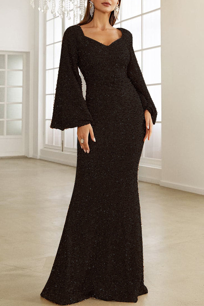Valenzora | Elegant formal solid color sequined V-neck evening dress