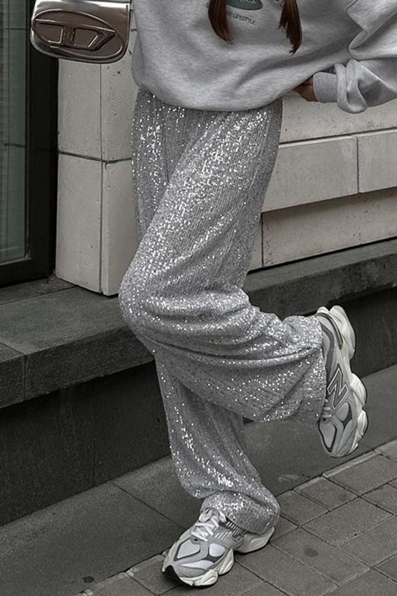 Valenzora | Casual Solid Color Sequin Loose Straight Solid Color Trousers