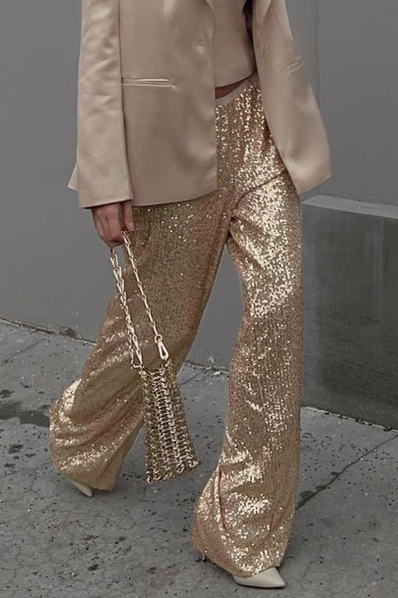 Valenzora | Casual Solid Color Sequin Loose Straight Solid Color Trousers