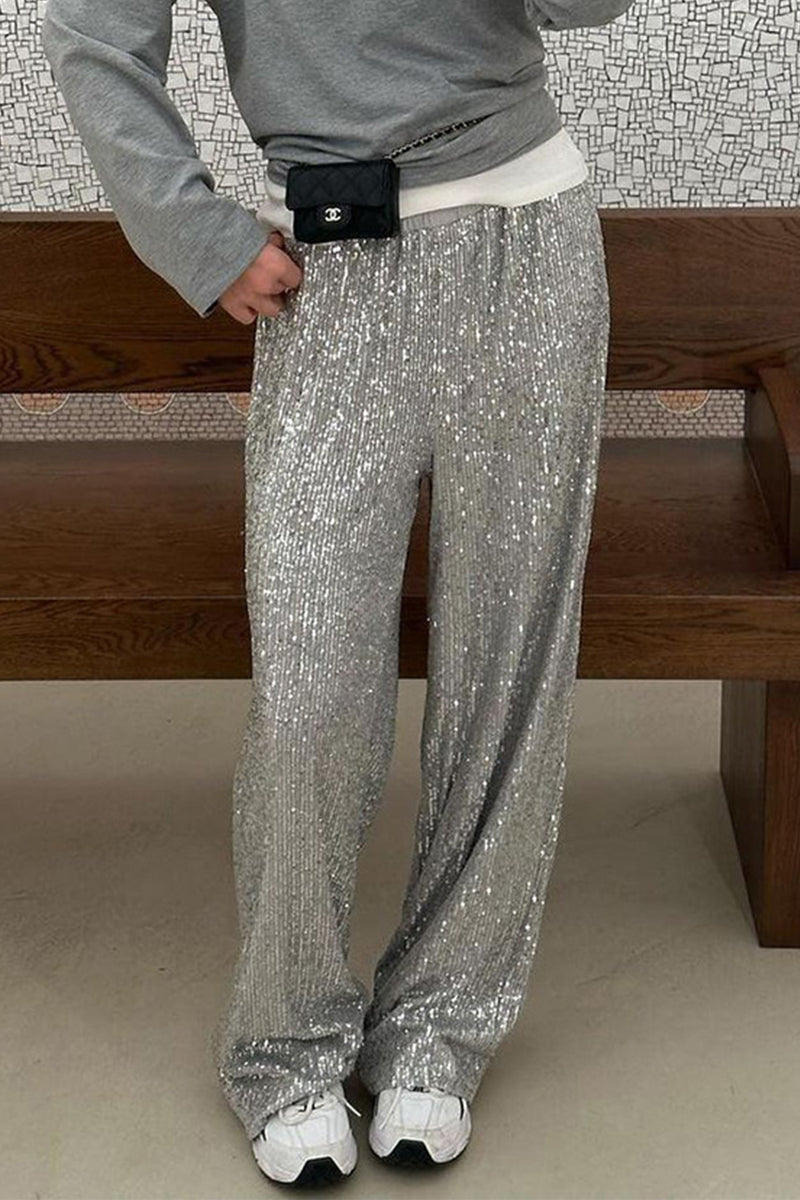 Valenzora | Casual Solid Color Sequin Loose Straight Solid Color Trousers