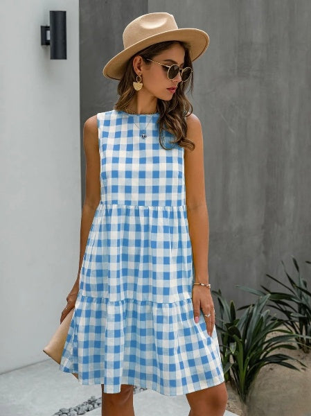 Valenzora | Mode, locker sitzendes Damenkleid mit Rundhalsausschnitt, karierter Pastell-Midi-Rock
