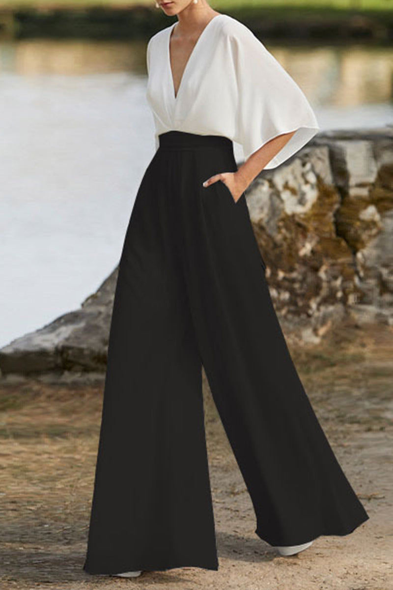 Valenzora | British style Elegant color block bag Contrast V-neck Loose jumpsuits